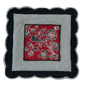 Red Country Floral & Bird Black White Gingham Check Needlepoint Pillow Cover
